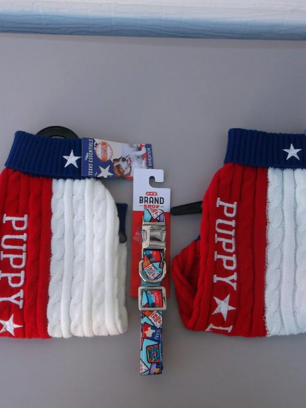 Bundle of two matching dog sweaters and HEB dog collar, all are NWT